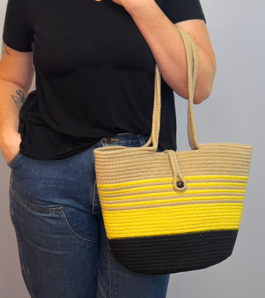 Beige, Yellow and Black Cotton Rope Tote Bag