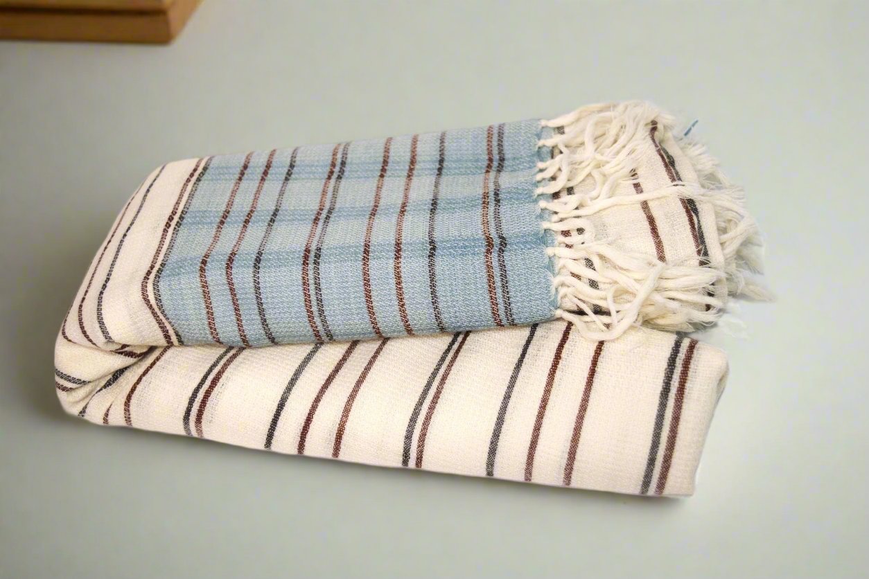 Blue and cream striped woolen scarf with fringe details