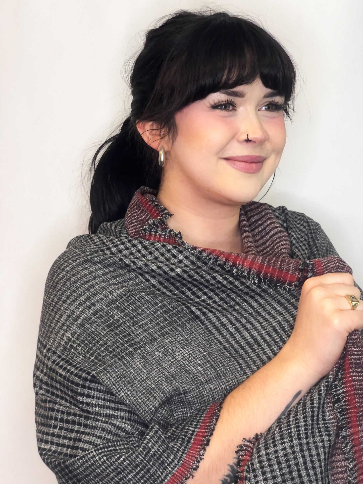 Cozy plaid wrap scarf in black and red hues