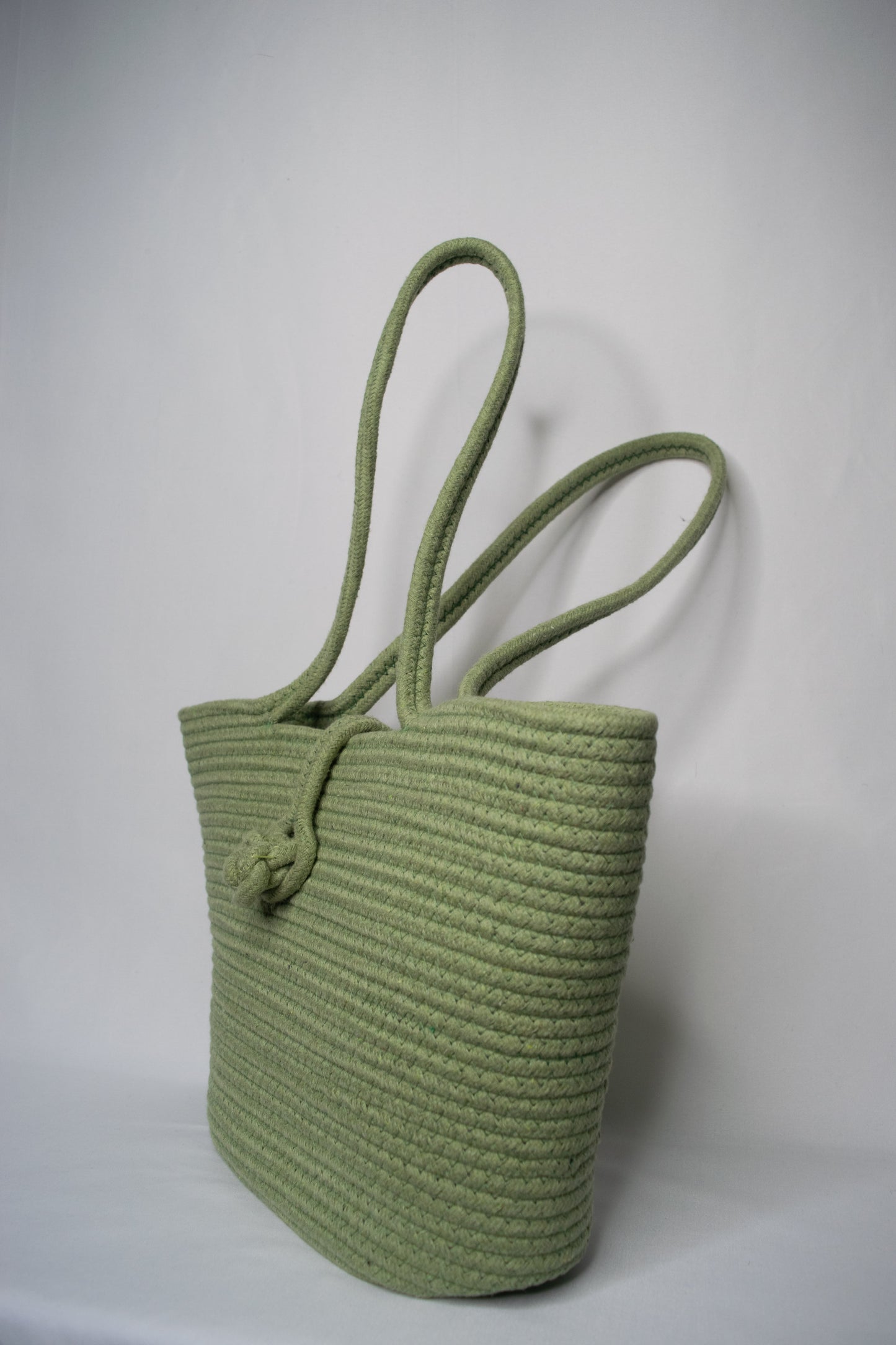 Green Cotton Rope Tote Bag with Knotted Closure