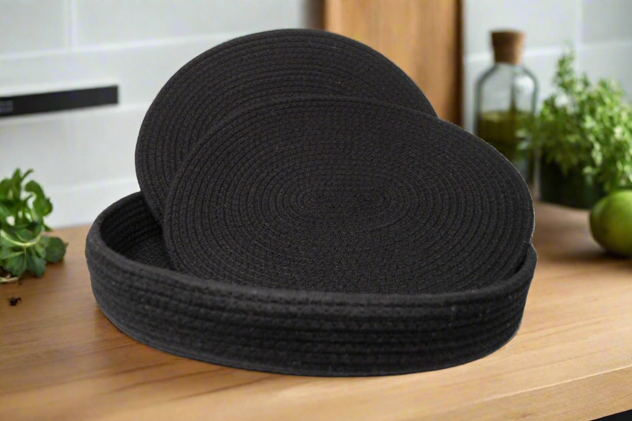 Set of 6 Classic Black Cotton Rope Placemats with Holder
