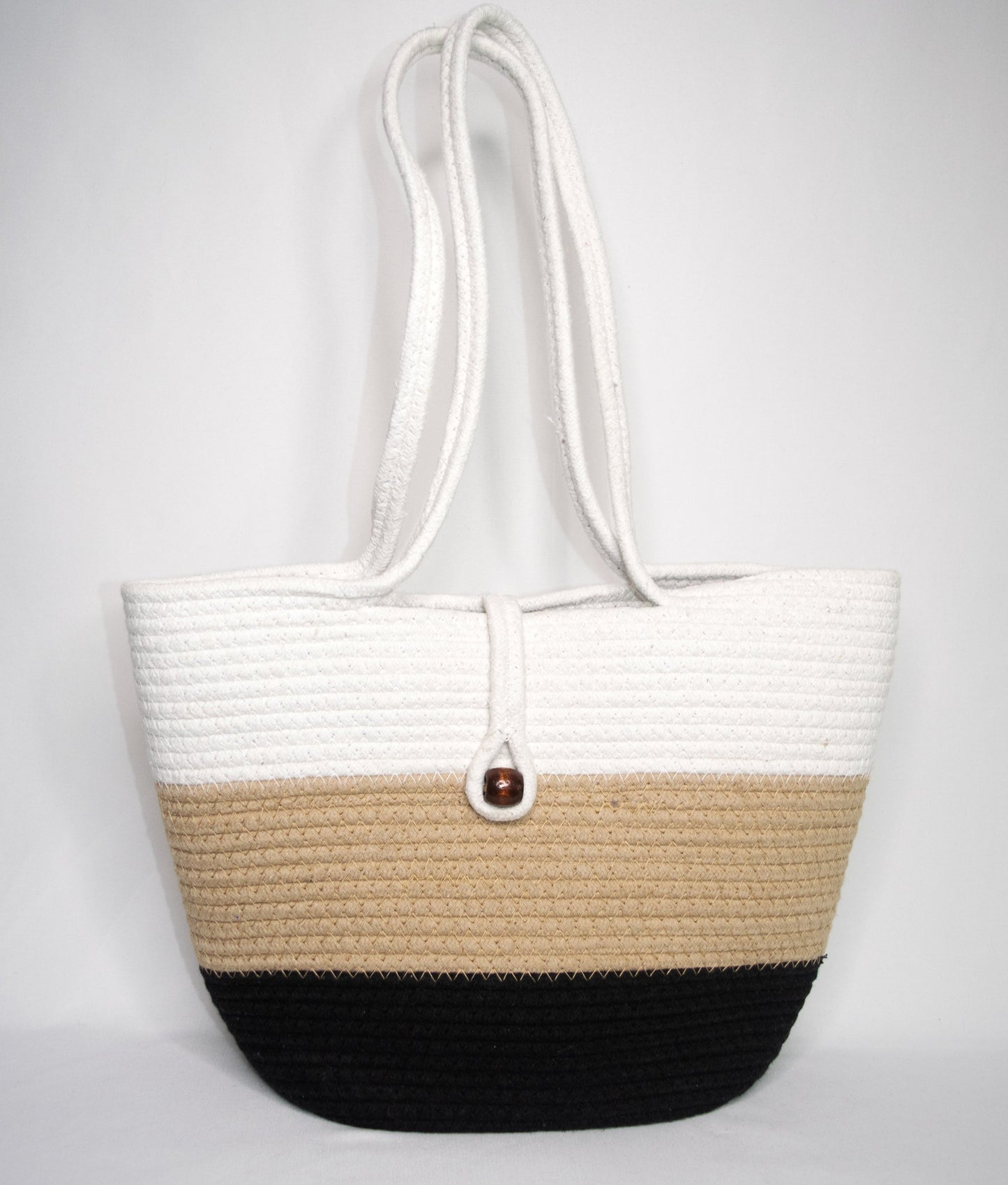 Stylish Black, White, and Beige Cotton Rope Tote Bag for Everyday Use