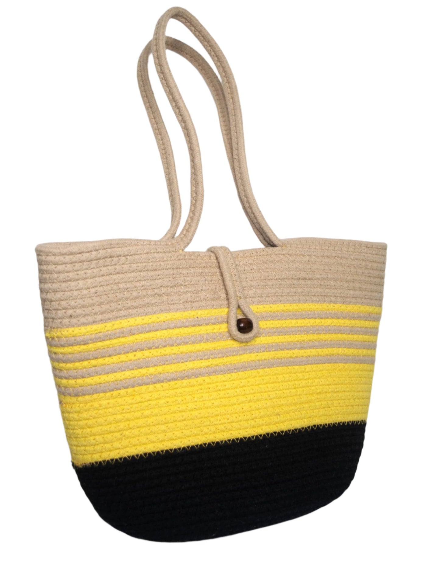 Stylish beige, yellow, and black cotton rope tote bag for everyday use