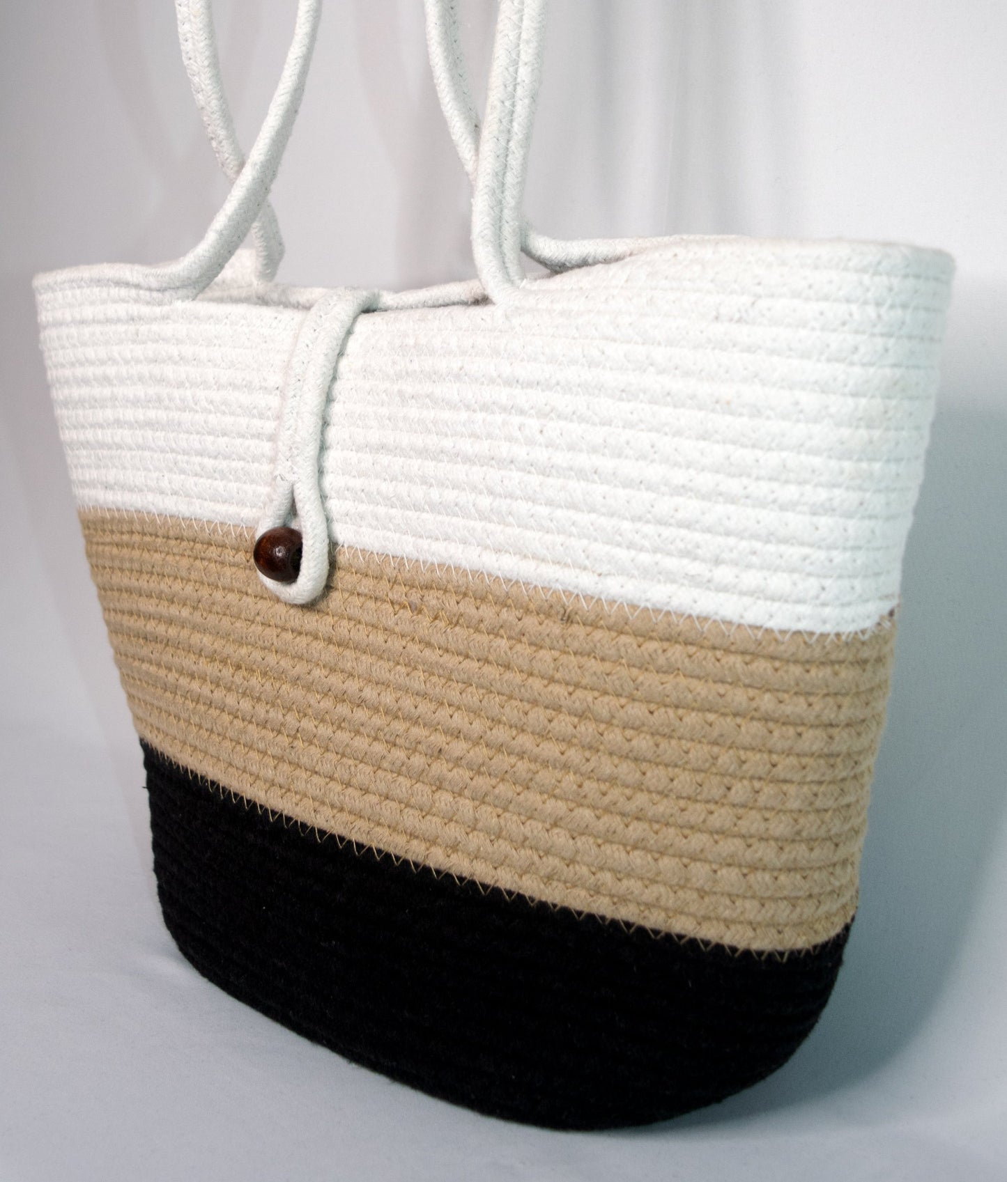 Trendy Cotton Rope Tote Bag in Black, White, and Beige
