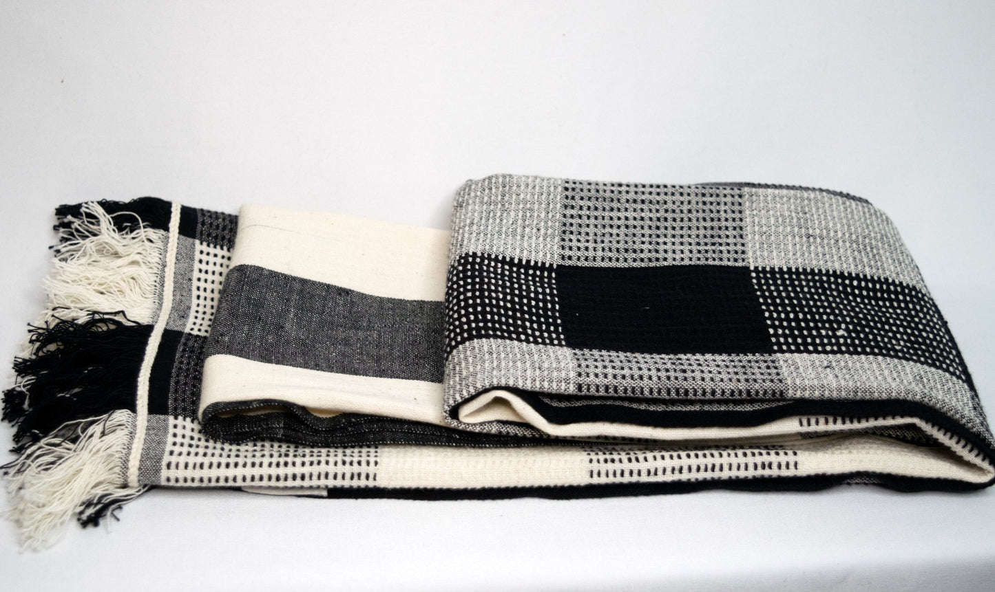 black and white cotton scarf with fringed edges