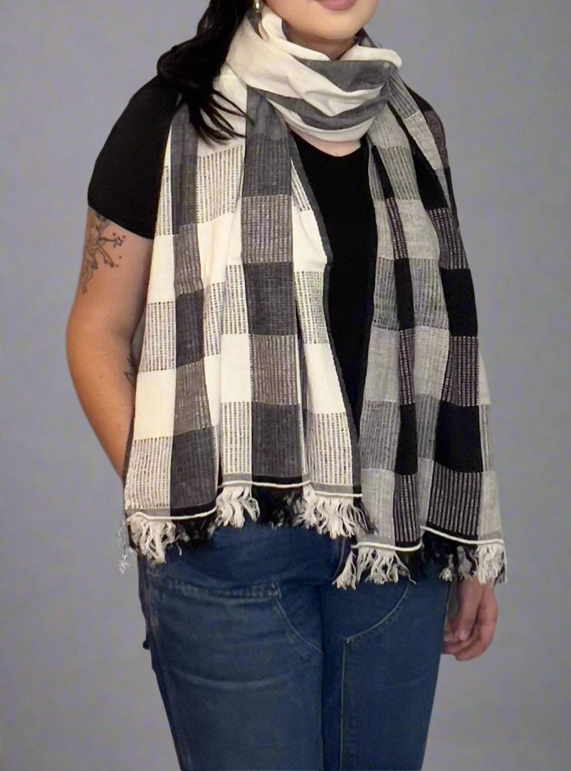 black and white scarf made from handwoven cotton fabric