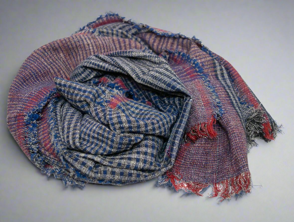 Black & Blue Plaid Cotton Scarf with Red Accents (Wrap)