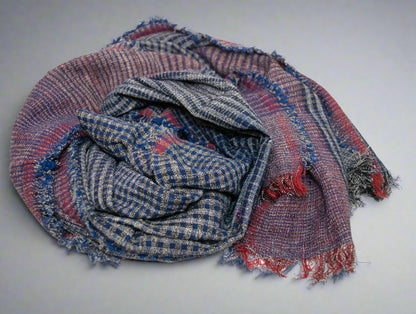 Black & Blue Plaid Cotton Scarf with Red Accents (Wrap)