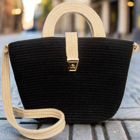 Chic Black & Beige Cotton Rope Handbag with Clasp